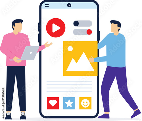 Vector flat illustration of web UI-UX design. Web development concept. Team designers creating functional web interface design for website.

