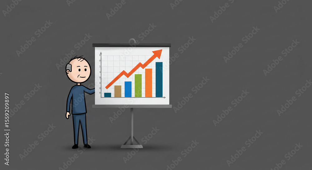 Cartoon man presenting business growth chart presentation on whiteboard for financial success Cartoon man presenting business growth chart presentation on whiteboard for financial success