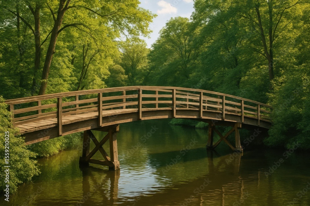 A wooden bridge over a body of water surrounded by trees A wooden bridge over a body of water surrounded by trees