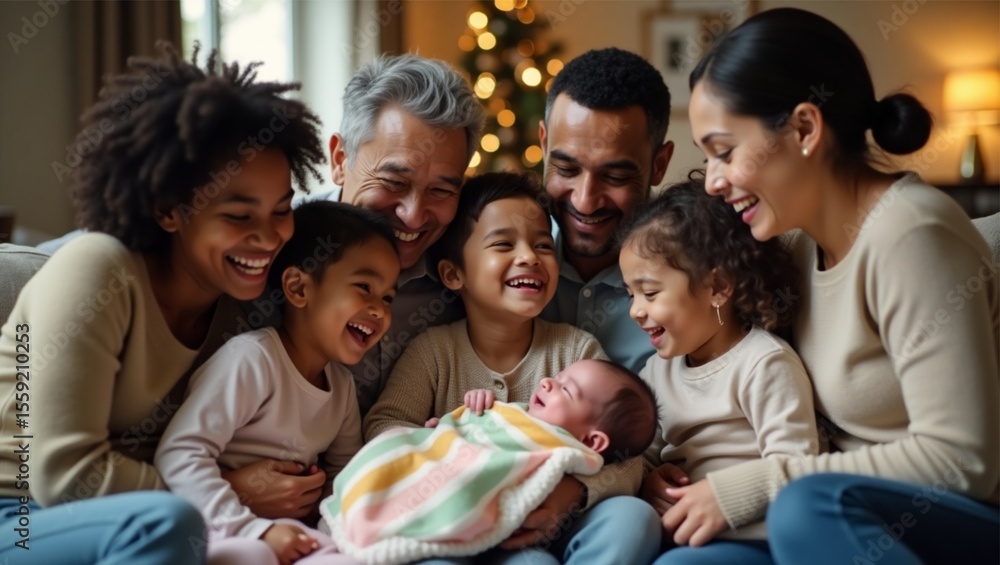 Fototapeta premium Multicultural Family Welcoming Newborn Baby with Joy