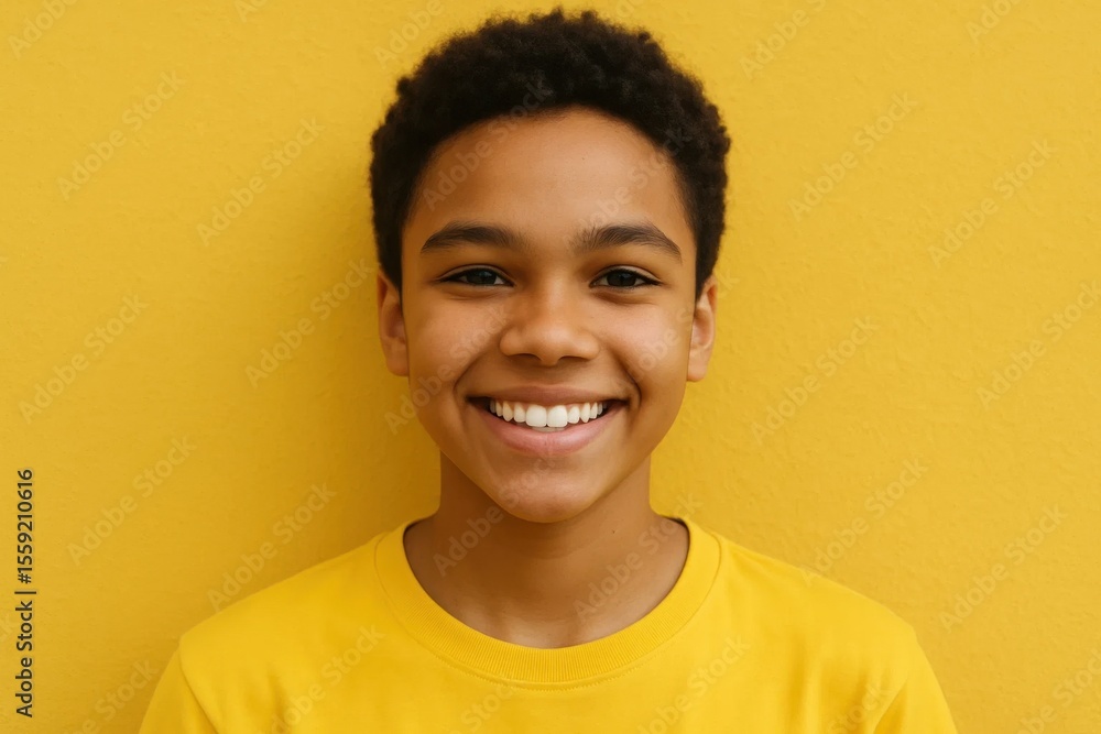 A young boy in a yellow shirt smiles at the camera A young boy in a yellow shirt smiles at the camera