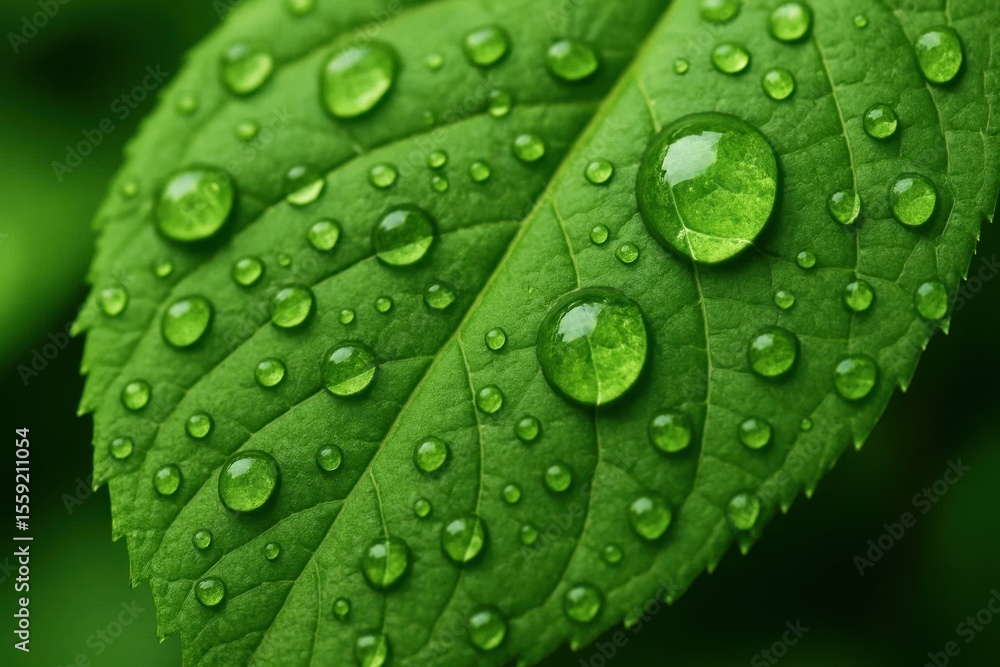 A green leaf with water droplets on it A green leaf with water droplets on it