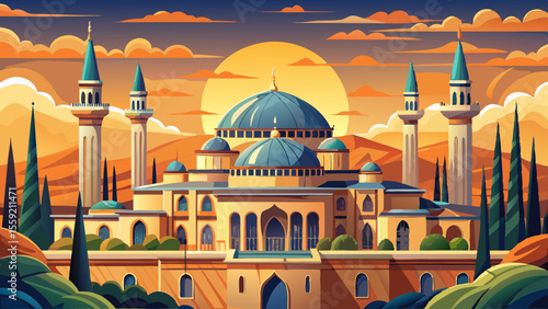 Ulu Camii (Great Mosque of Bursa), Turkey
Twenty domes arranged in four rows sit atop a rectangular stone structure, with two broad minarets flanking the mosque. The entire building bathes in warm eve