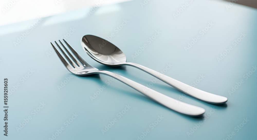 Elegant Silverware Set Fork and Spoon on a Blue Surface - Food & Dining Elegant Silverware Set Fork and Spoon on a Blue Surface - Food & Dining
