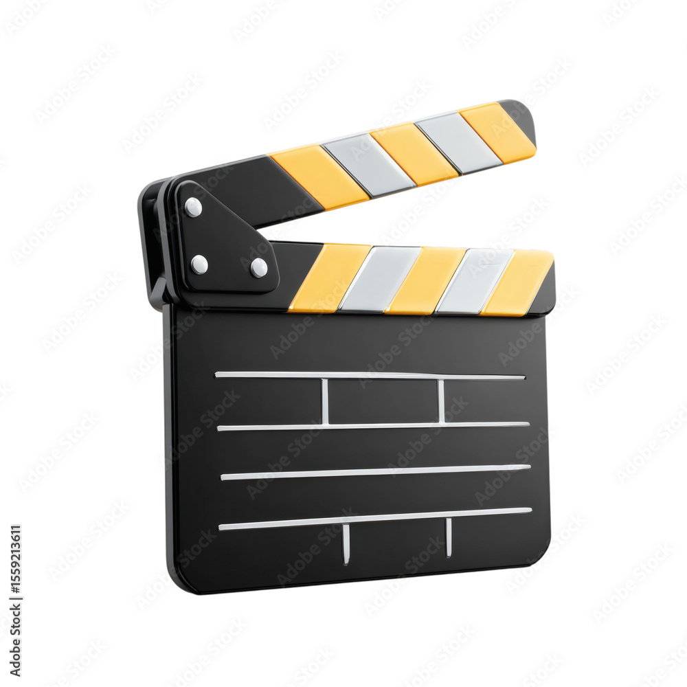 Fototapeta premium Plastic-style clapperboard icon with open slate, isolated on transparent background .