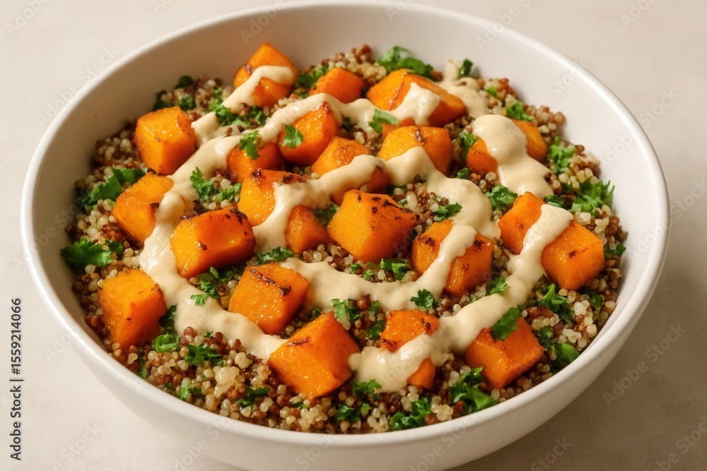 A white bowl filled with a salad of butternut squash and quinoa A white bowl filled with a salad of butternut squash and quinoa
