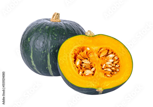 A whole and halved kabocha squash isolated on transparent background