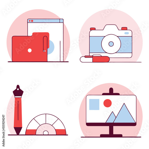 Creative tools and digital assets collection featuring camera folder stylus and monitor