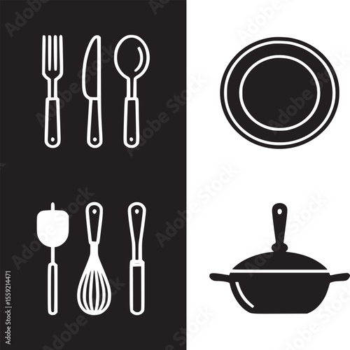 A graphic illustration featuring kitchen utensils and cookware on a black and white background