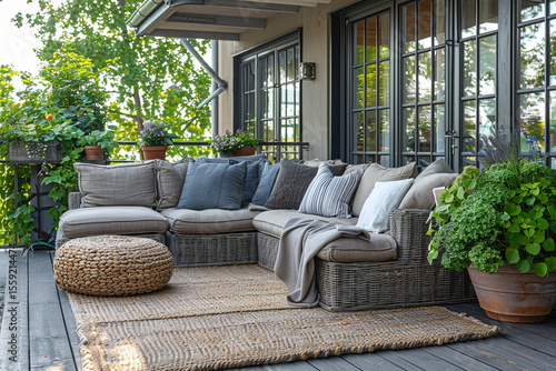 Outdoor patio furniture arrangement with comfortable seating and potted plants.