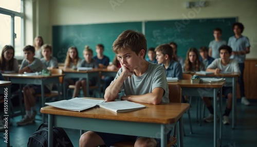 Teen boy feeling overwhelmed and isolated while studying in a crowded classroom