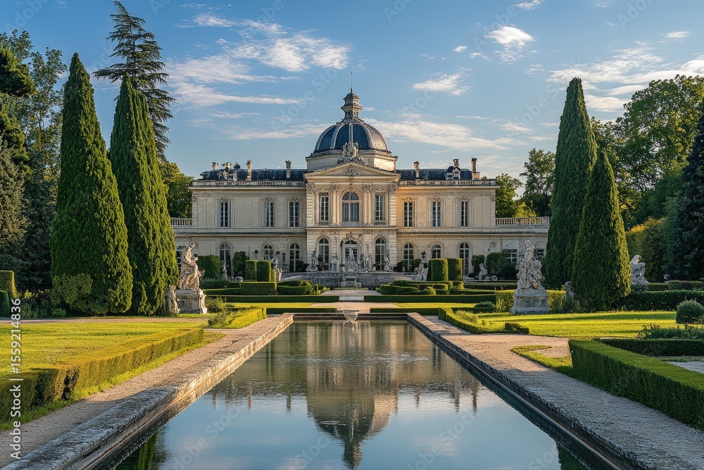 Obraz premium Elegant classical palace with manicured gardens and reflecting pool on a sunny day