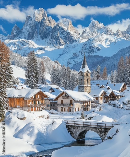Snow-covered alpine village with stone bridge and mountain peaks under clear blue sky