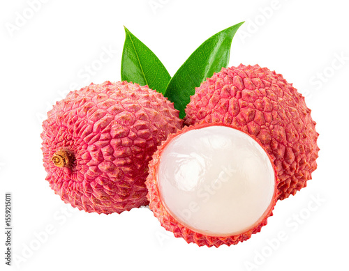 Three lychees and leaves isolated on transparent background
