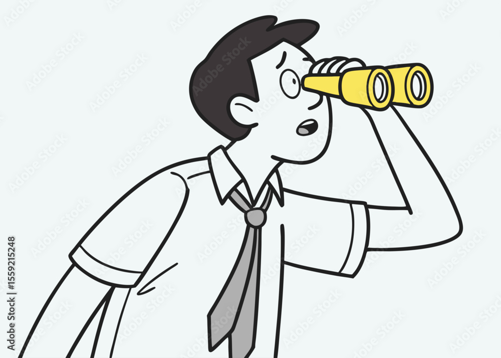 Fototapeta premium Businessman using binoculars cartoon illustration exploring discovering opportunity or future vision on a white background