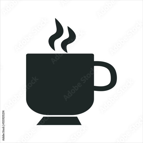 Simple dark silhouette of a steaming coffee cup on a white background.