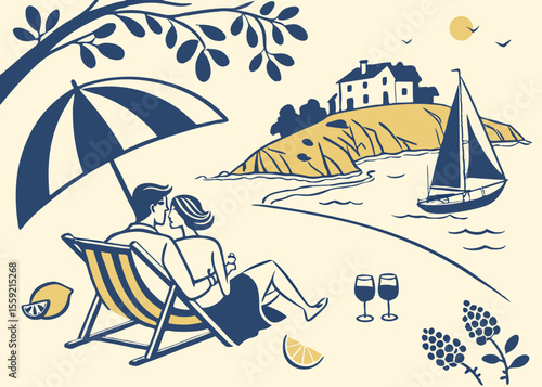 Delightful summer scene depicting romantic beach vacation with a couple relaxing and sailing boat near the coastal landscape
