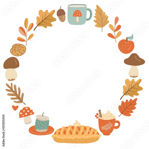 Hand drawn autumn wreath with a pie, coffee mug, cookies, mushrooms, and fall leaves. Ideal for seasonal greeting cards, cozy invitations, or autumn themed designs with editable space
