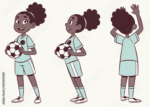 Three views of a cheerful young female soccer player in teal uniform and soccer ball illustration