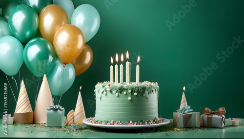birthday party with birthday cake candles balloons on green background with empty copy space