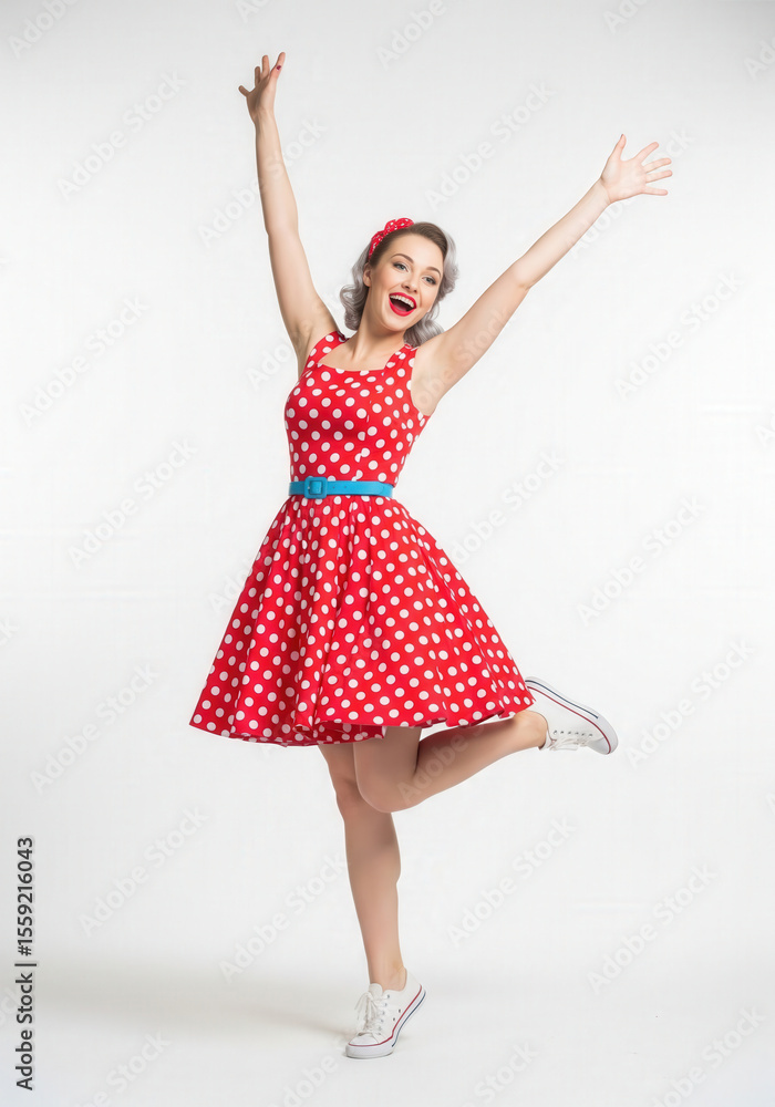 Naklejka premium Excited retro woman jumping in polka dot dress