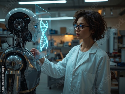 Scientist and AI Robot Analyze DNA