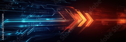 Dynamic abstract tech background featuring upward arrow design with vibrant blue and orange tones