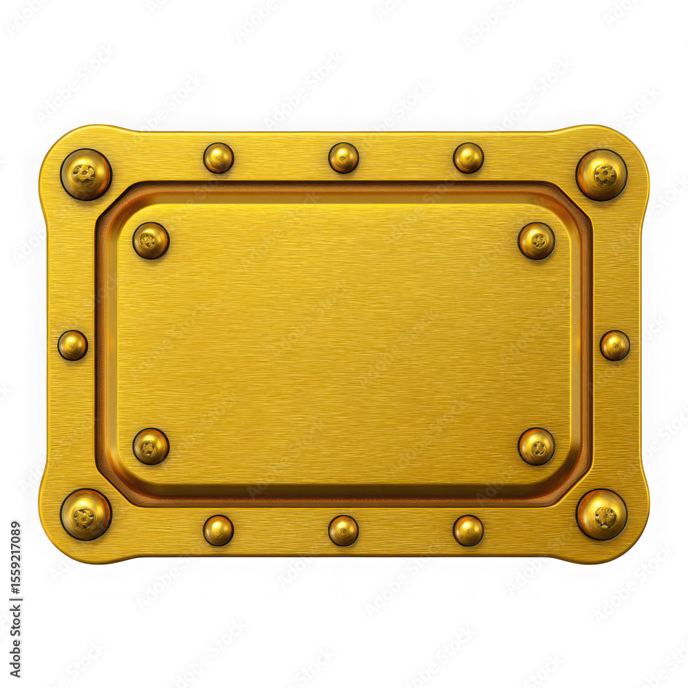 Fototapeta premium Ornate brass plaque with rivets and brushed metal texture isolated on transparent background
