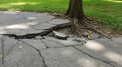 A fractured pavement slab heaved by root growth