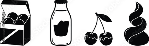 Vector Art of Chocolate Desserts, Milk, and Cherries in a Minimalist Style for Culinary Inspiration