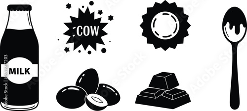 Milk, Cow, Eggs, and Spoons in a Graphic Style
