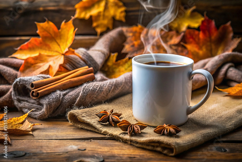 Steaming coffee mug on rustic wood with autumn leaves, cinnamon, and star anise