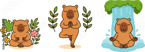 Vector illustration of adorable capybaras practicing yoga and meditation surrounded by plants and nature elements. Perfect for wellness and relaxation designs.
