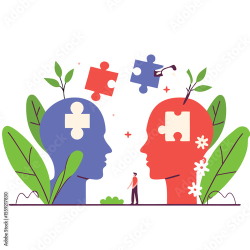 Two abstract human heads with puzzle pieces connecting them symbolizing teamwork and ideas