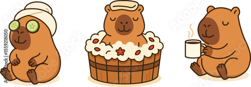 Vector illustration of a kawaii capybara having a spa day with cucumber mask, bubble bath, and hot tea. Perfect for self-care, relaxation, and wellness-themed designs.
