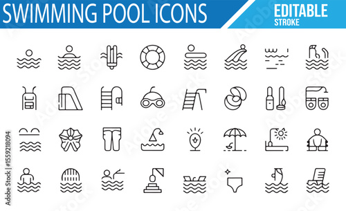 Poolside and Water Sports Icons for Swimming, Diving, and Relaxation