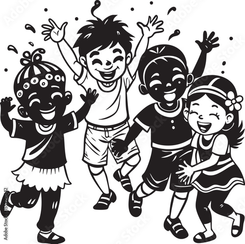 Happy Kids Playing Holi Cartoon Vector