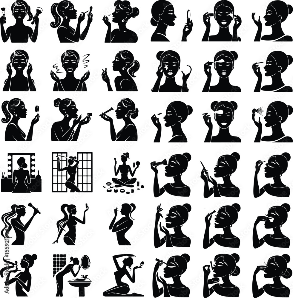 Fototapeta premium Cosmetic Routine Vector Silhouettes – Woman Applying Makeup Icons Woman Doing Makeup Silhouette Set – Beauty and Fashion Icon Pack