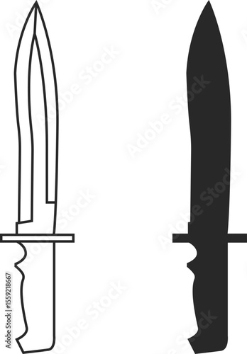 Two icons of tactical knives with anatomical handle and large figured blade, military knives line and silhouette in black colors.