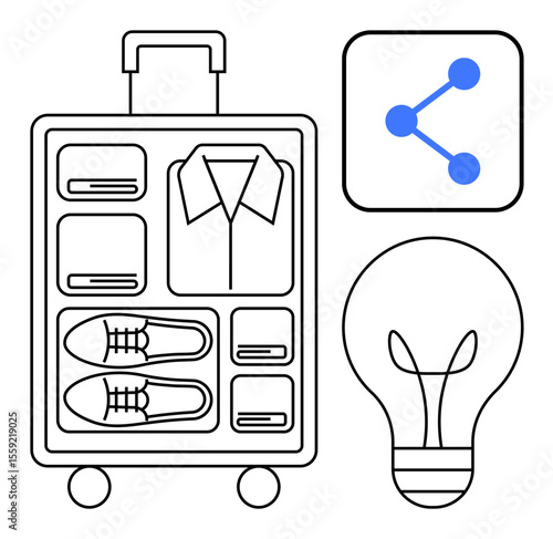 Packed suitcase with folded clothes, shoes, a connection icon, and a lightbulb. Ideal for travel, organization, innovation, minimalism, planning technology simple landing page