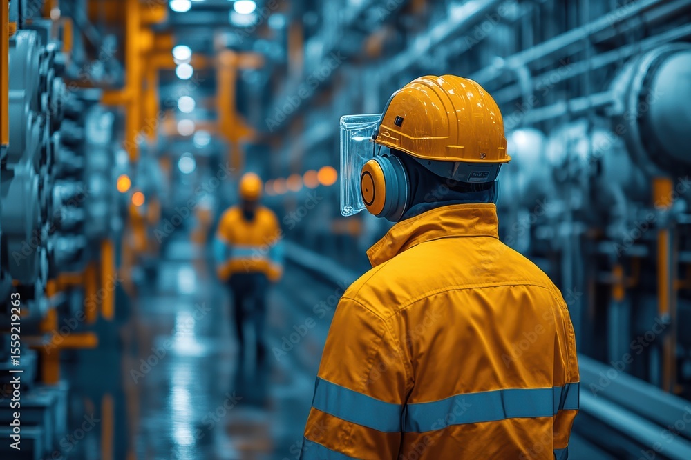 Workers in safety gear monitor operations in industrial facility during nighttime Workers in safety gear monitor operations in industrial facility during nighttime