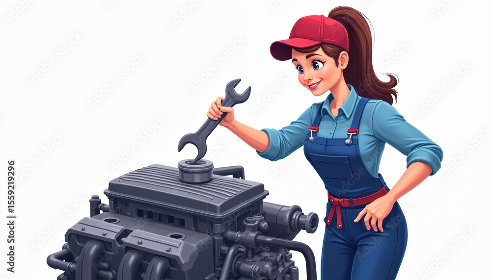 Obraz premium Illustration shows woman mechanic repairing car engine with hand tool. Lady in uniform and cap fixes engine. Automotive service, maintenance, car repair, garage, industry, occupation concept.