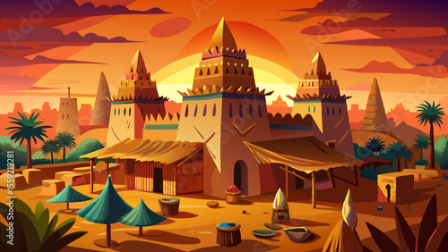 Grand Mosque of Djenné, Mali
A unique mud-brick mosque with protruding wooden beams and conical towers. The earthy tones of the structure glow at dusk, surrounded by the red dust of the Sahel and 