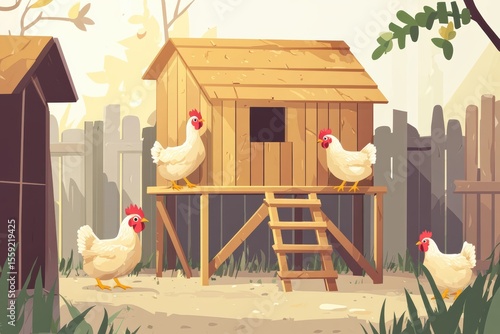 Graphic layouts showcasing a cozy chicken coop and free-roaming chickens in a sunny backyard