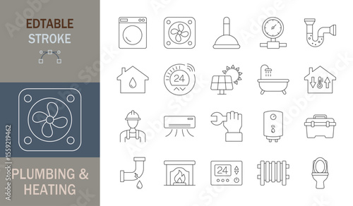 Plumbing and Heating icon set. Editable line icons. Vector illustration.
