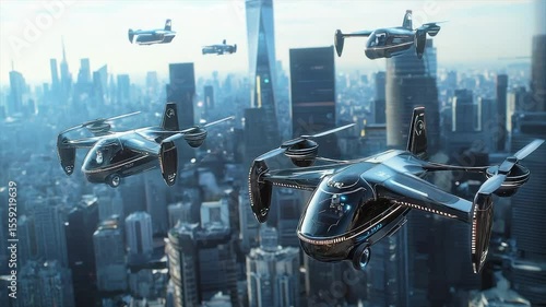 Futuristic air taxis fly over a dense cityscape