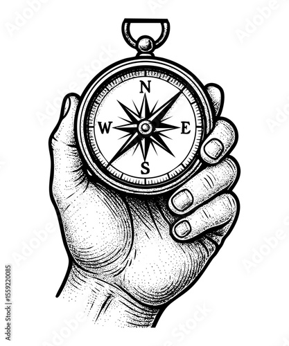 Vintage Hand Holding Compass Tattoo Style Illustration