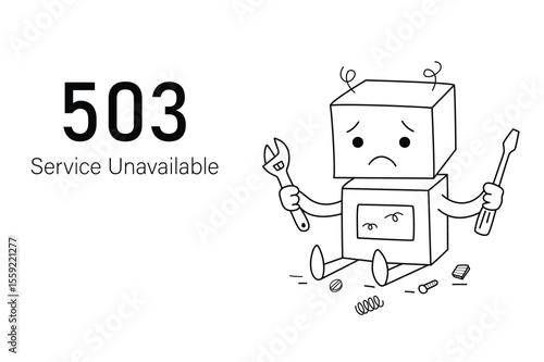 503 Service Unavailable error page, broken robot isolated in white background