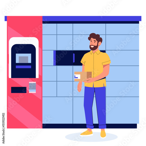 Woman receives or sends parcel in parcel locker. Vector illustration. Contactless delivery, pick up self-service concept