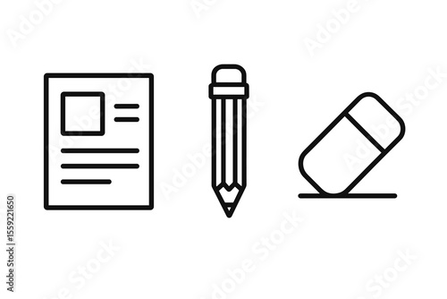 Simple line drawing of paper, pencil, and eraser icons